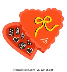 Heart shaped chocolate box with assorted candies cute Valentine’s Day design perfect for cards, gifts, stickers and festive decor.