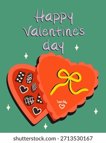 Caja de chocolate en forma de corazón con caramelos surtidos tarjeta de felicitación linda del día de San Valentín. Ilustración vectorial estilo Doodle.