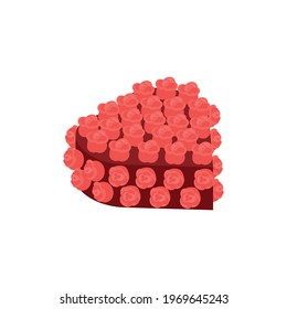 Heart shaped chocolate cake decorated with red cream roses isometric vector illustration