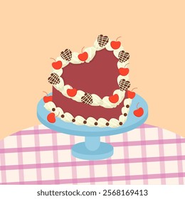 Heart shaped chocolate cake with love chocolate sprinkles and cherries for Valentine's Day, weddings, birthdays and anniversaries vectr illustration.