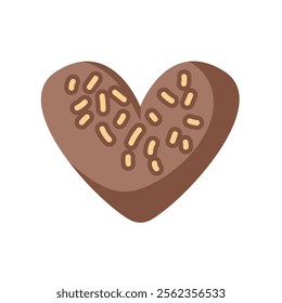 Heart shaped chocolate candy in mocha mousse color with sprinkles in flat style. Ideal for theme of love, romance and dessert. Great for Valentines Day and festive design.