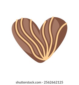 Heart shaped chocolate candy in mocha mousse color with decorative caramel lines in flat style. Sweet and elegant dessert perfect for Valentines Day, packaging and greeting card.