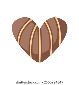 Heart shaped chocolate candy with stripes in mocha mousse color. Perfect for Valentine Day, romantic themes, design, packaging and celebration.