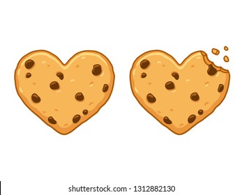 Galleta de chocolate en forma de corazón con mordedura y migajas. Ilustración vectorial con estilo de caricatura.