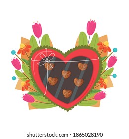 Heart shaped chocolate gift box. Candy with flowers for valentine's day. Modern vector flat clipart