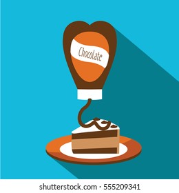 Heart shaped chocolate syrup isolated Pouring on a chocolate cake in a plate on a light blue background