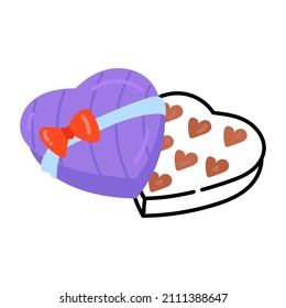 Heart shaped chocolates inside box, flat icon of chocolate gift  

