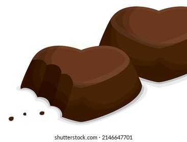Heart shaped chocolates, one with bite marks and the other whole over white background.