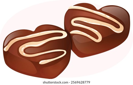 Heart Shaped Chocolates with White Chocolate Drizzled On. Valentine`s Candy Isolated Graphic  