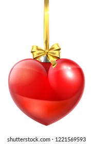 A heart shaped Christmas ball bauble ornament with a gold bow and ribbon