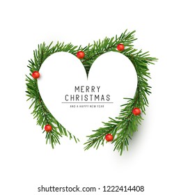 A heart shaped Christmas frame made with fir branches and red berries. Flat lay vector illustration