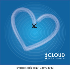 heart shaped cloud and plane over sky background vector illustration