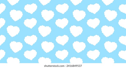 Heart shaped clouds. Pattern of white clouds in the shape of heart on blue sky background. Cartoon cloudy pattern. Seamless pattern with curly clouds. 