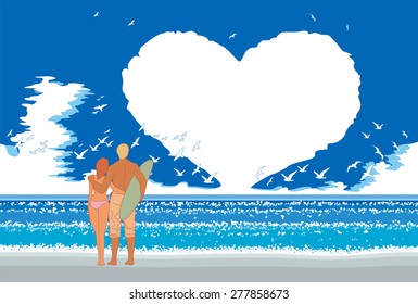 The heart shaped clouds that floats on a sea in the daytime summer. And the sweethearts.
