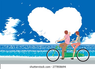The heart shaped clouds that floats on a sea in the daytime summer. And the two people ride on a bicycle. 