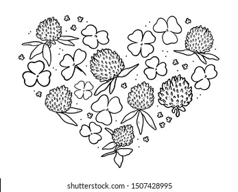 heart shaped clover flowers and leaves black outline 