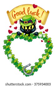 Heart shaped clover frame with black cat