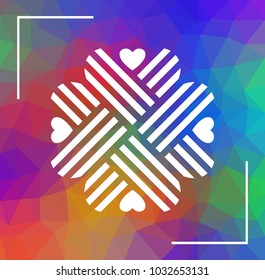 Heart shaped cloverleaf ornament over polygonal motley colored background