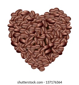 Heart shaped coffee beans on white background