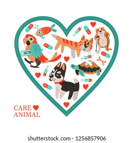 Heart shaped collage. Cute sick animals with broken legs and fever. In a cartoon style. Cute template for vet clinics, veterinary pharmacies and animal shelters.