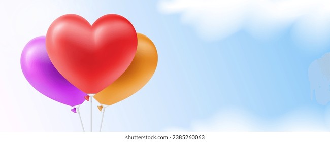 Heart shaped colorful balloons on the blue sky background with clouds, vector banner design.