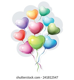 Heart shaped colorful balloons with their shadow on white background.