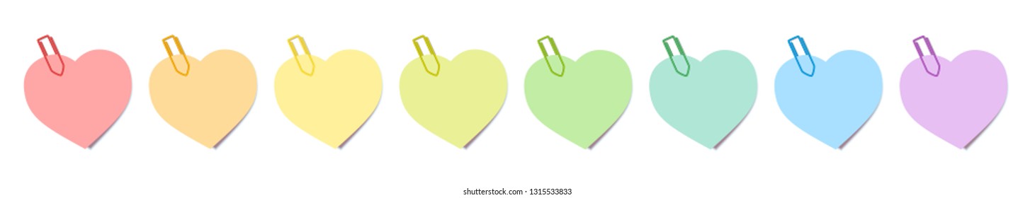 Heart shaped colorful notes with colored paper clips. Isolated vector illustration over white background.
