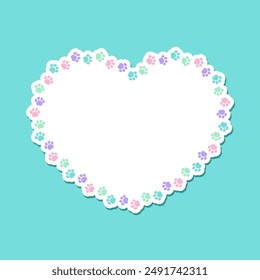 Heart shaped colorful pastel animal paw print frame with copy space. Cute Valentines Day, animal lover dog paw prints border. Vector illustration