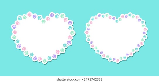 Heart shaped colorful pastel animal paw print frame with copy space set. Cute Valentines Day, animal lover dog paw prints border. Vector illustration