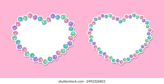 Heart shaped colorful pastel animal paw print frame with copy space set. Cute Valentines Day, animal lover dog paw prints border. Vector illustration