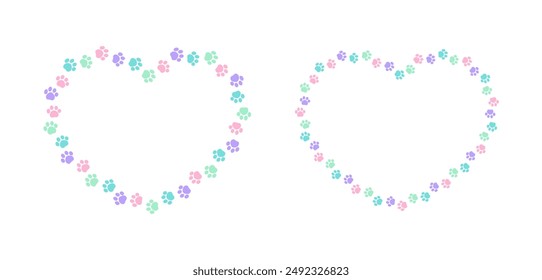 Heart shaped colorful pastel animal paw print frame with copy space set. Cute Valentines Day, animal lover dog paw prints border. Vector illustration