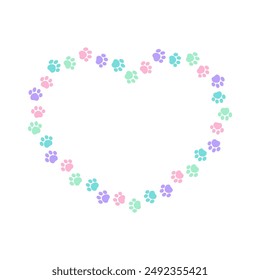 Corazón en forma de colorido pastel animal paw marco de impresión con espacio de copia. Lindo día de San Valentín, amante de los animales perro paw imprime borde. Ilustración vectorial