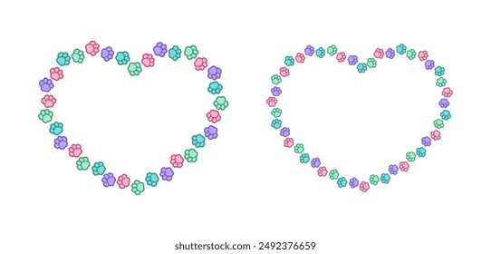 Heart shaped colorful pastel animal paw print frame with copy space set. Cute Valentines Day, animal lover dog paw prints border. Vector illustration