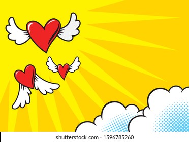 Heart shaped comics flying, vector