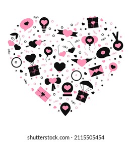 Composición en forma de corazón con amor y símbolos románticos en diseño plano. Collage para boda, compromiso, matrimonio, tarjeta de felicitación de San Valentín, postal, impreso. Ilustración vectorial del Día de San Valentín.