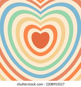 Heart Shaped Concentric Stripes In Retro Groovy Style. Hypnotic Tunnel. 70s Psychedelic Rainbow Retro Background