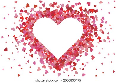 Heart shaped confetti. Happy valentines day lovely frame, wedding anniversary greeting card with lovely red confetti paper shape of heart illustration background. Creative romantic backdrop