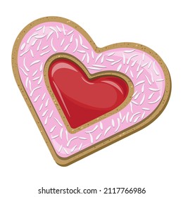 Heart shaped cookie covered with pink icing with jam and coconut flakes isolated on white background. Vector illustration.
