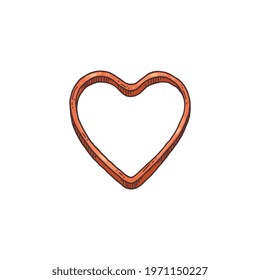 Heart shaped cookie cutter icon, hand drawn vector illustration isolated on white background. Small baking utensil for making cookies and cutting dough.