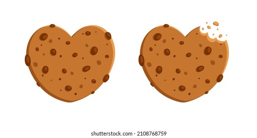 Heart shaped cookie . Cookie flat design. Сhocolate chip cookie. Traditional cookies with chocolate chips. Bitten, broken, cookie crumbs. Vector illustration in cartoon flat style.