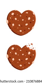 Heart shaped cookie. Cookie flat design. Сhocolate cookie with nuts. Bitten, broken, cookie crumbs. Vector illustration in cartoon flat style.