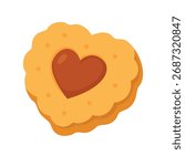 Heart shaped cookie with jam filling in cute flat cartoon style on white background.