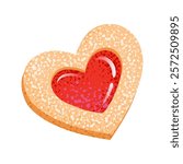 Heart shaped cookie with jam. Sweet love symbol. Linzer cookie with sugar powder for Happy Valentine