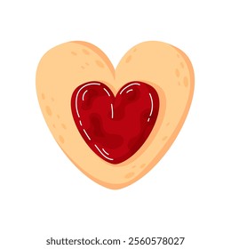 Heart shaped cookie with strawberry jam in cartoon style. Sweet love symbol of linzer cookie for Happy Valentine Day holiday. Icon for bakery isolated on white background.