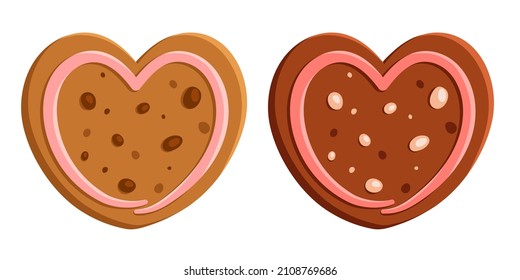 Heart shaped cookies. Cookies flat design. Cookies with  nuts, chocolate chips and glaze. Vector illustration in cartoon flat style.