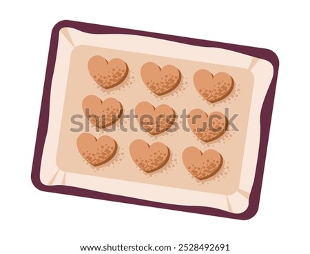 Heart shaped cookies on a baking sheet. Baking tray with homemade baked goods. Flat illustration.