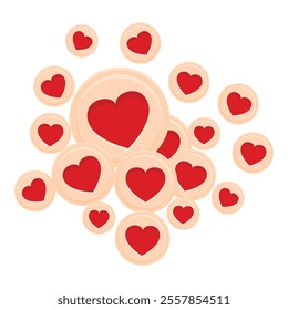 Heart shaped cookies with red icing are floating on a white background