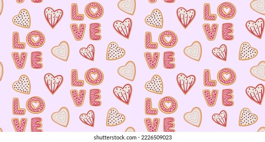 Heart shaped cookies seamless pattern for valentine s day. Pattern for Wrapping paper, postcards, textiles, wallpapers, fabrics, etc. Cartoon style, vector illustration.
