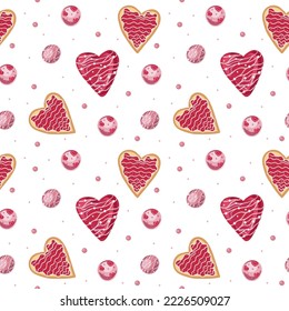 Heart shaped cookies seamless pattern for valentine s day. Pattern for Wrapping paper, postcards, textiles, wallpapers, fabrics, etc. Cartoon style, vector illustration.