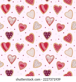 Las galletas en forma de corazón son un patrón ininterrumpido para el día de San Valentín. Patrón de envolvimiento de papel, postales, textiles, papel pintado, tejidos, etc. Estilo de dibujos animados, ilustración vectorial.